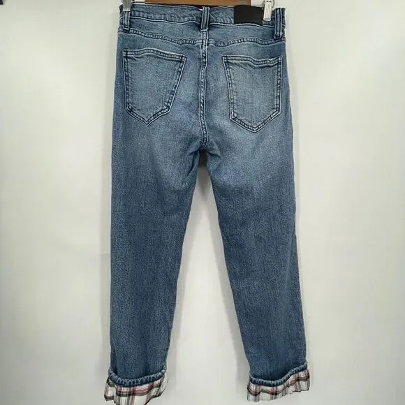 Pistola Blue Flannel Plaid Cuff Cropped Mid Rise Wash Jeans Size 27 - Picture 7 of 11